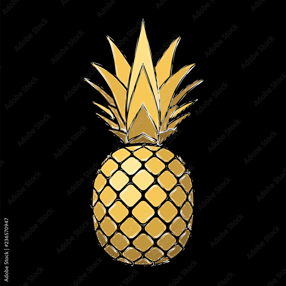 Pineapple grunge with leaf. Tropical gold exotic fruit isolated black ...