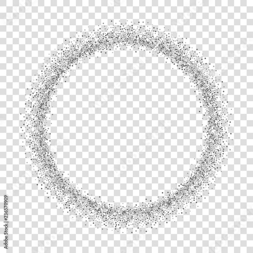 Silver circle isolated white transparent background. Round frame, confetti, sparkles, gray dust. Border design Christmas party, shine birthday decoration, bright Valentine card. Vector illustration