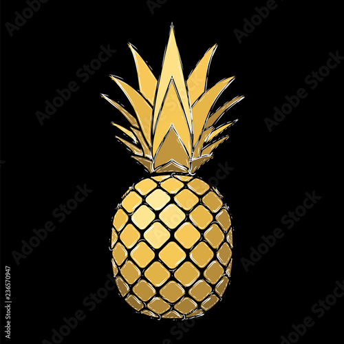 Pineapple grunge with leaf. Tropical gold exotic fruit isolated black background. Symbol of organic food, summer, vitamin, healthy. Nature logo. Design element silhouette icon. Vector illustration