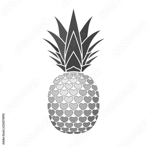 Pineapple sign with hearts for t-shirt. Tropical silver exotic fruit isolated white background. Love sign. Cute romantic typography graphic. Sweet summer design decoration. Vector illustration