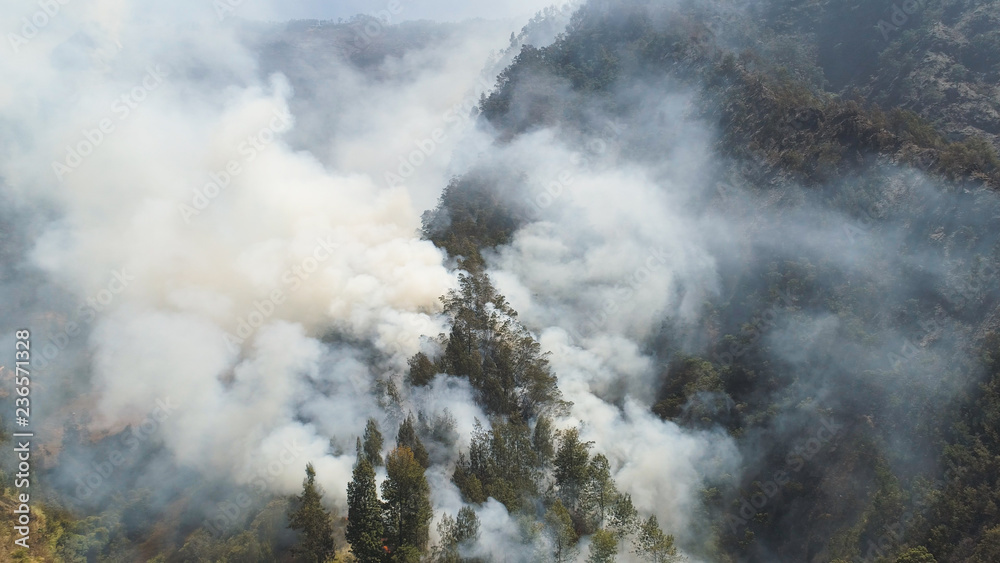 fire in mountain forest. aerial view forest fire and smoke on slopes hills. wild fire in mountains in tropical forest, Java Indonesia. natural disaster fire in Southeast Asia