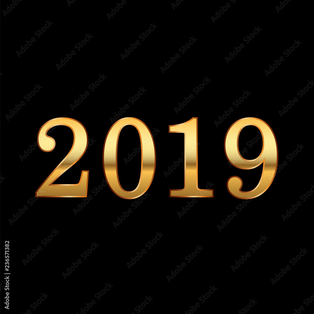Happy New Year background. Gold 3D number 2019 isolated on black. Bright golden design for greeting card, Christmas banner, holiday celebration, decoration poster, calendar. Vector illustration Happy New Year background. Gold 3D number 2019 isolated on black. Bright golden design for greeting card, Christmas banner, holiday celebration, decoration poster, calendar. Vector illustration