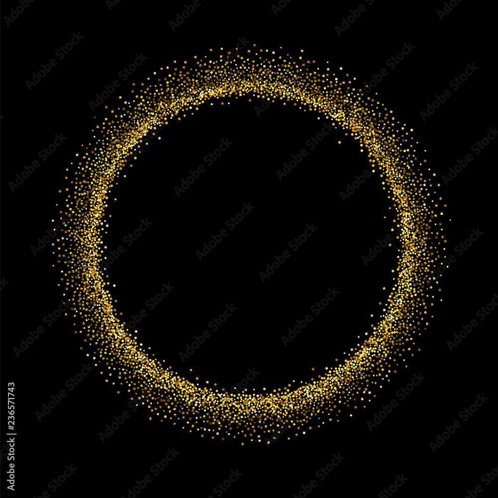 Gold circle glitter frame. Golden confetti dots round on black background. Bright texture pattern for Christmas celebration party, New Year card. Glow border. Abstract design. Vector illustration