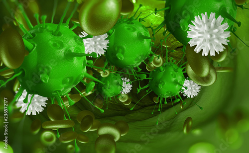 Leukocytes attack the virus in the blood. Microbes under the microscope. Disease, infection, inflammation. 3D illustration on the subject of human immunity