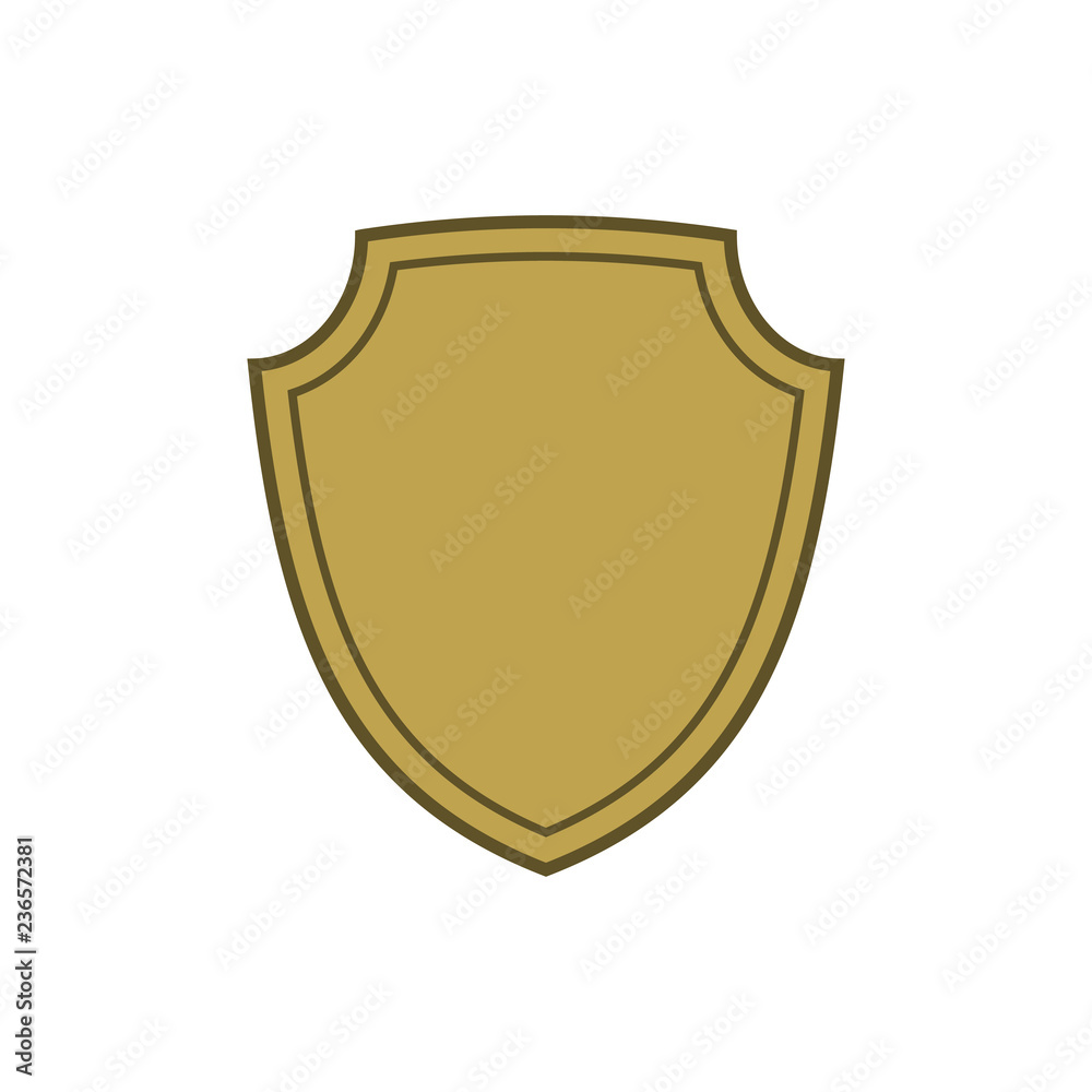 Shield shape gold icon. Simple flat logo on white background. Symbol of security, protection, safety, strong. Element badge for protect design emblem decoration Vector illustration Shield shape gold icon. Simple flat logo on white background. Symbol of security, protection, safety, strong. Element badge for protect design emblem decoration Vector illustration