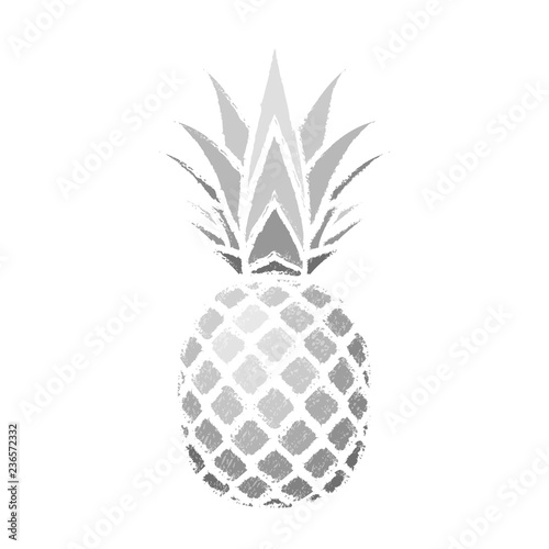 Pineapple grunge with leaf. Tropical silver exotic fruit isolated white background. Symbol of organic food, summer, vitamin, healthy. Nature logo. Design element silhouette icon. Vector illustration
