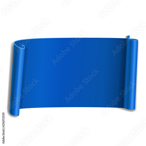 Blue scroll isolated on white background. Paper roll banner 3D. Ribbon design for Christmas frame, New Year decoration, curved retro border. Smooth realistic texture. Vector illustration