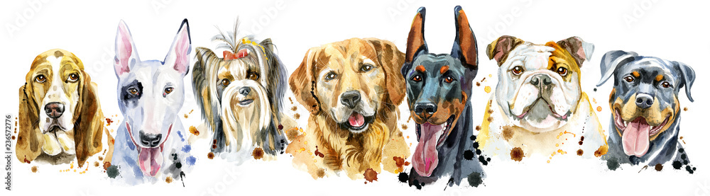 Border from watercolor portraits of dogs for decoration - obrazy, fototapety, plakaty 