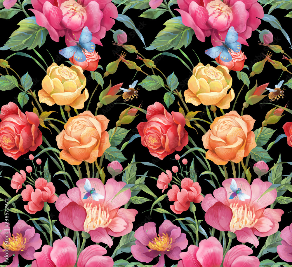       Peonies and roses seamless background pattern. Version 2