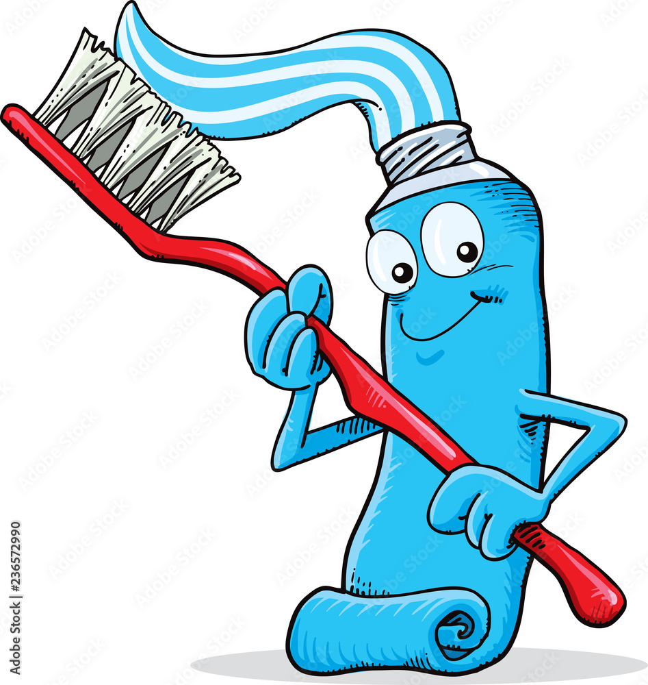 Cartoon merry tube of toothpaste smiles and holds a tooth brush in a
