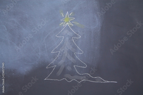 Hand Drawn Christmas Tree Chalk Blackboard in Spiral Form. New Year Greeting Card Poster Banner Template.