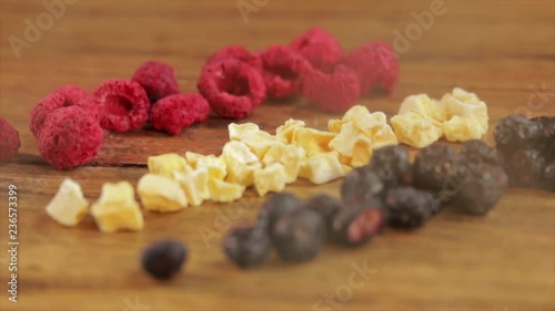 Freeze-Dried Fruits Lying in a Row, Rotation, Closeup, No. 1