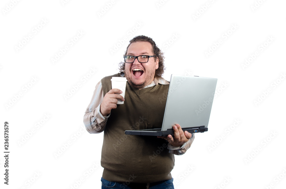 Funny fat businessman. Internet and work. Funny fat businessman. Internet and work.