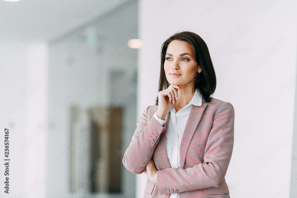 Beautiful business girl on light office background. Business coach and coach of success.