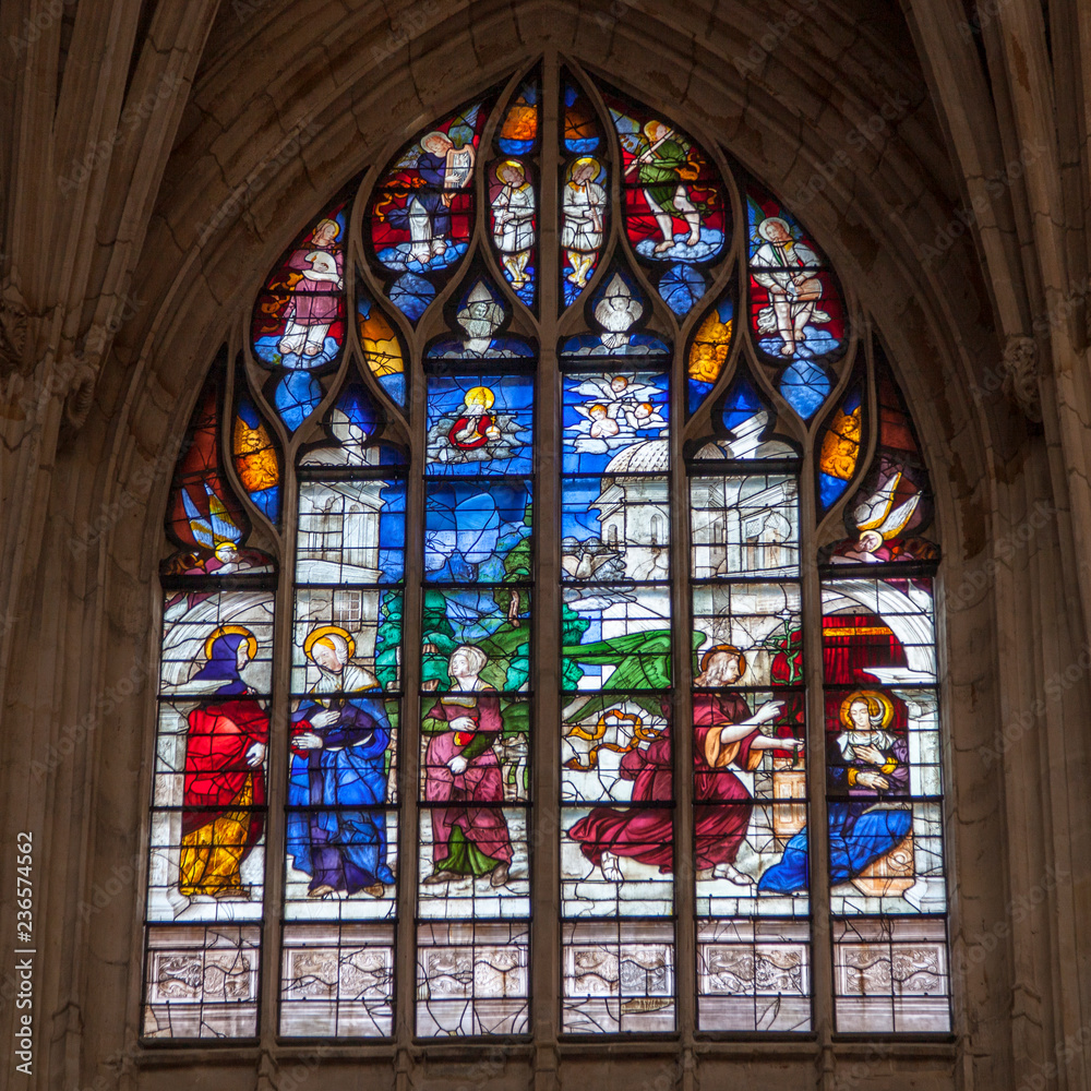 Le Mans France, 15 october 2018. Old stained glass in Le Mans Cathedral in France Le Mans France, 15 october 2018. Old stained glass in Le Mans Cathedral in France