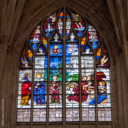 Le Mans France  15 october 2018.  Old stained glass in Le Mans Cathedral in France