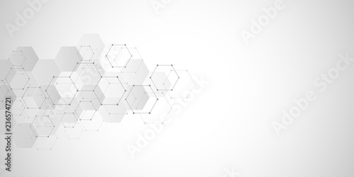 Geometric background texture with molecular structures and chemical compounds. Abstract background of hexagons pattern. Illustration for medical or scientific and technological modern design.