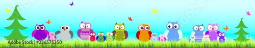 Vector illustration of owl family in the woods.