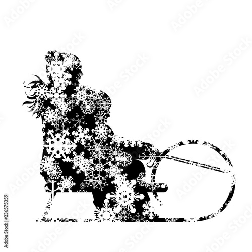 Vector silhouette of family who sledding on snow toboggan.