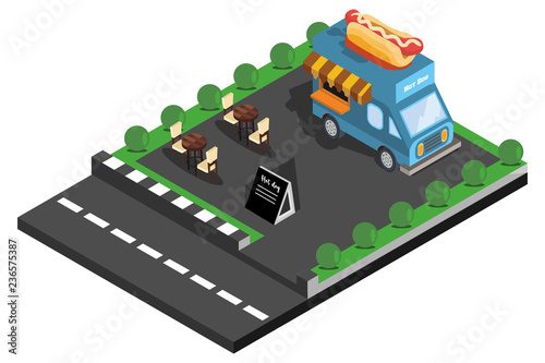 isometric illustration roadside food, vector illustration