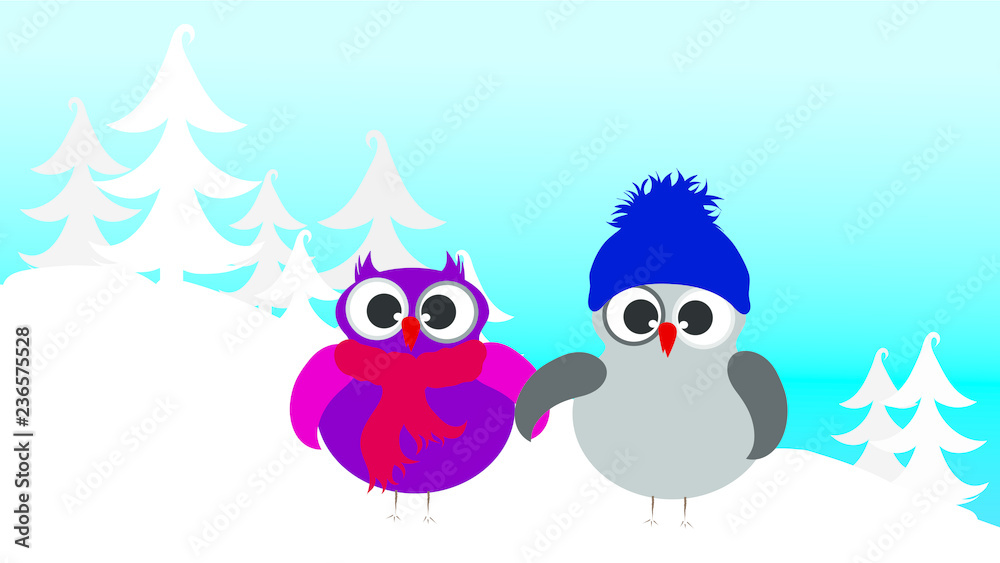 Vector illustration of owl family in the snowy woods in the winter. Vector illustration of owl family in the snowy woods in the winter.