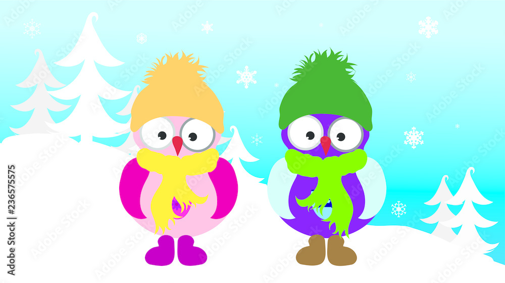 Vector illustration of owl children in the snowy woods in the winter. Vector illustration of owl children in the snowy woods in the winter.