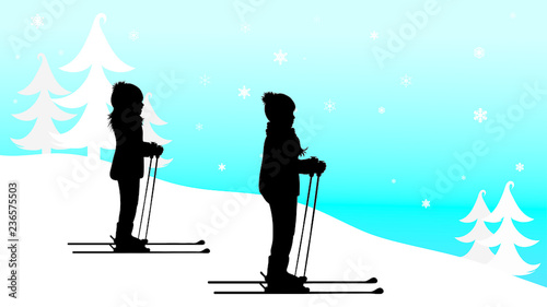 Vector silhouette of children who skiing in the mountains in winter.
