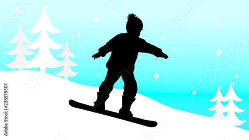 Vector silhouette of boy who snowboarding in the mountains in winter.