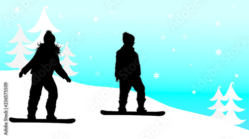 Vector silhouette of children who snowboarding in the mountains in winter.