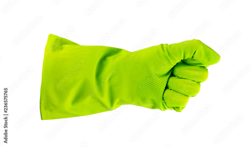 Hand in green protective rubber glove isolated
