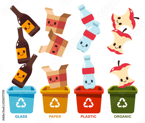 Vector cute garbage characters, waste segregation infographic