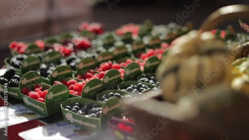 The camera moves around a basket with pumpkins and a lot of different berries