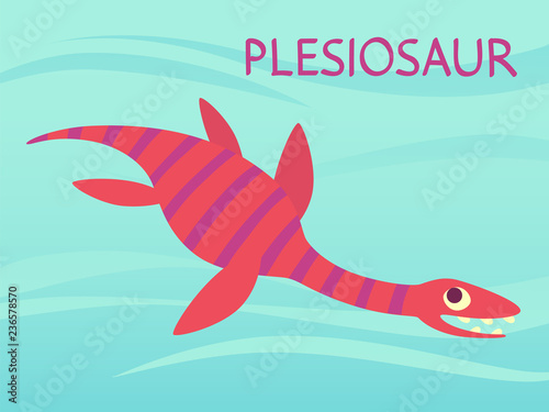 Cute Plesiosaur swimming. Dinosaur life. Vector illustration of prehistoric character in flat cartoon style isolated on underwater background. Funny pink Plesiosaurus. Element for design.