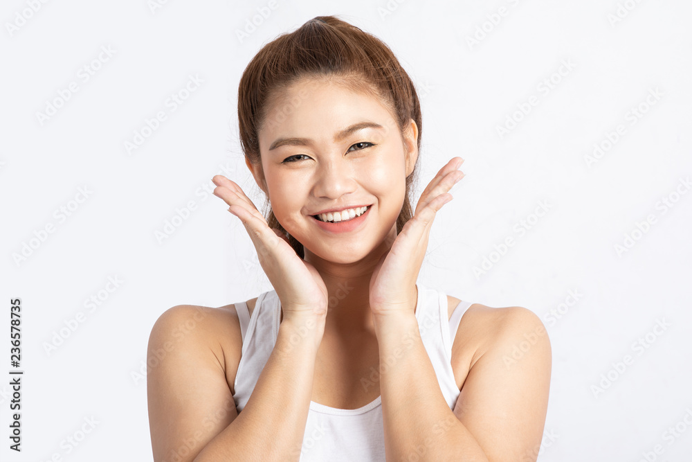 Beautiful Attractive Charming Asian young woman smile with white teeth and touching soft cheek feeling so happiness and cheerful with healthy skin,isolated on white background,Beauty Concept Beautiful Attractive Charming Asian young woman smile with white teeth and touching soft cheek feeling so happiness and cheerful with healthy skin,isolated on white background,Beauty Concept