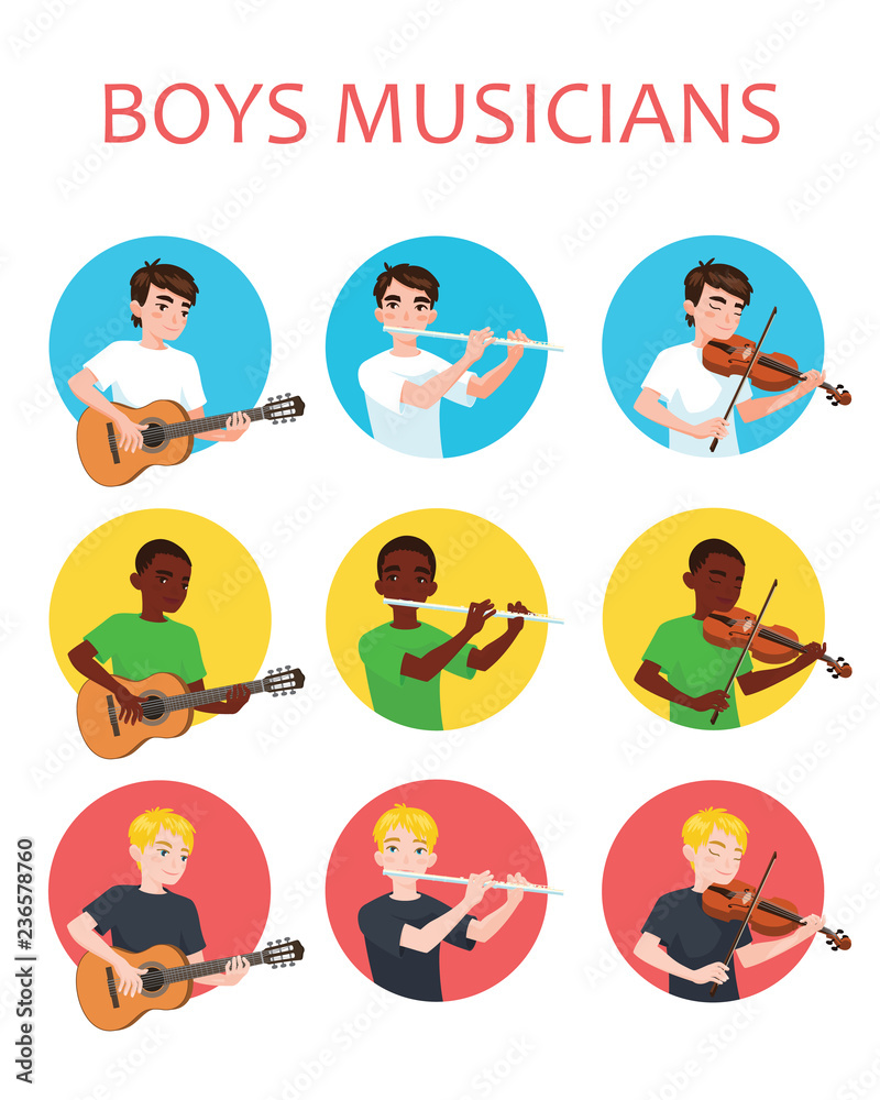 Musicians boys is inspired to play different musical instruments. Violinist, flutist, guitarist. Vector illustration in flat cartoon style in circle on white background for your design, print. Music.