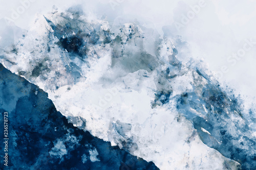 Abstract painting of mountains in blue tone, Digital watercolor painting