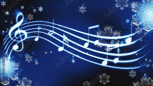 notes on a blue background with snowflakes winter melody