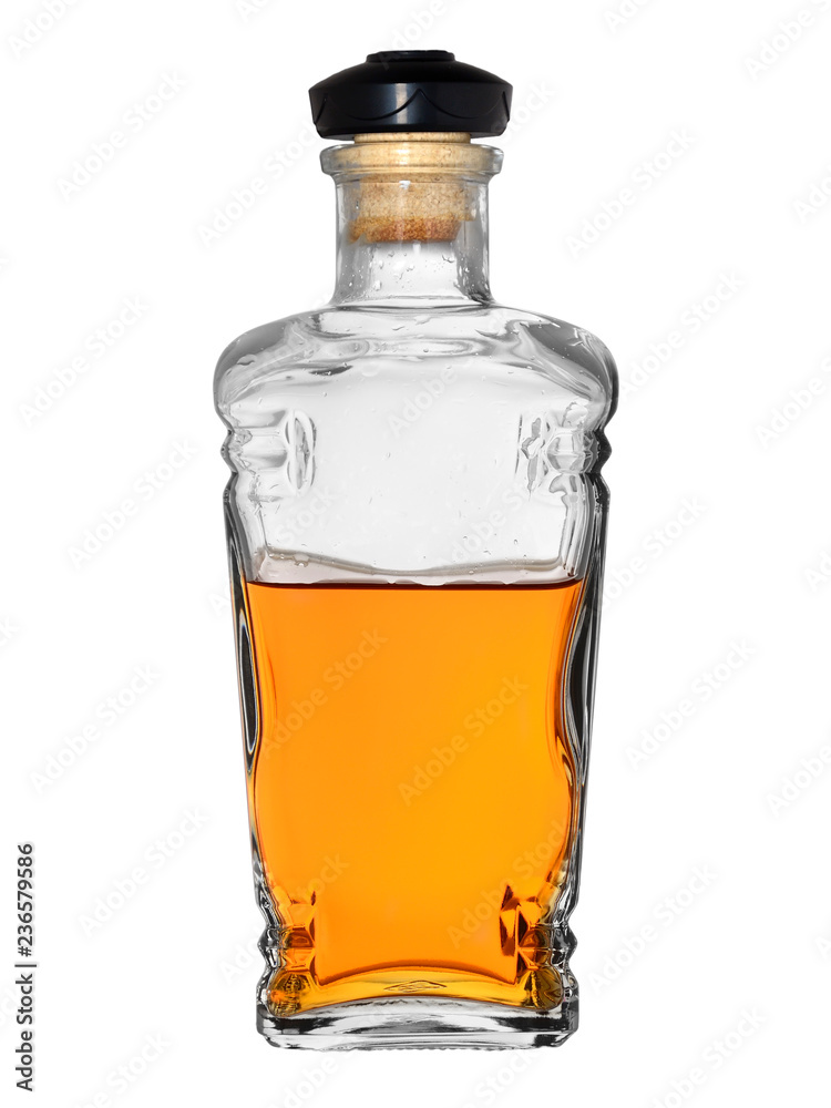 bottle of whiskey closed cork on white background bottle of whiskey closed cork on white background