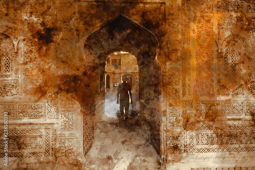 Abstract painting of doors in warm tone, digital watercolor painting