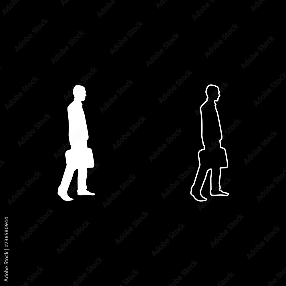 Businessman with briefcase step forward Man with a business bag in his hand silhouesse icon set white color illustration flat style simple image