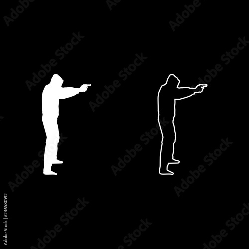 Man in the hood with gun Concept danger outstretched arms icon set white color illustration flat style simple image