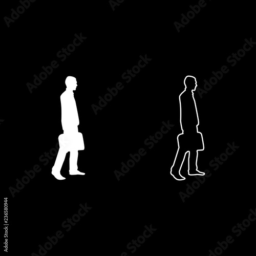 Businessman with briefcase step forward Man with a business bag in his hand silhouesse icon set white color illustration flat style simple image