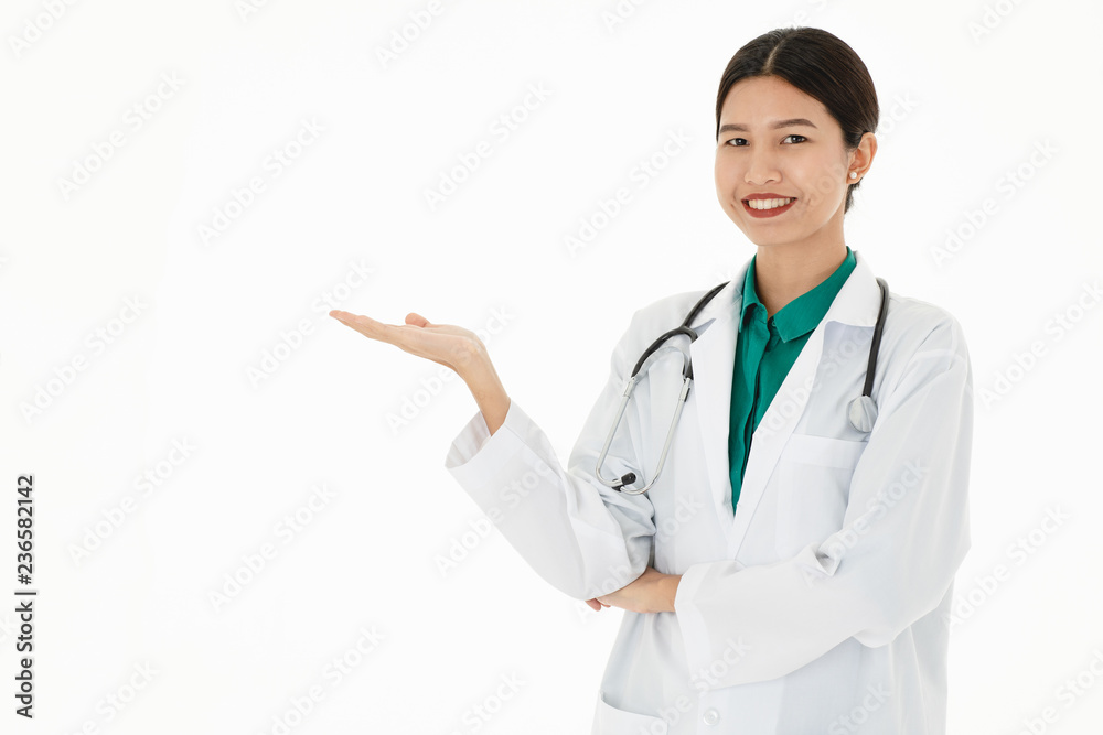 Female doctor presenting something by hand. Female doctor presenting something by hand.