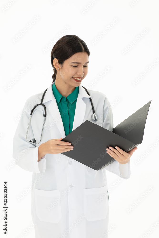 Female doctor wears uniform holding a folder. Female doctor wears uniform holding a folder.