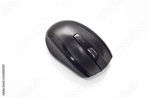 Black  wireless computer mouse on white background