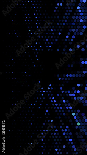 Glowing particles  polka dots on a dark blue background. Vertical festive banner. An elegant holiday pattern. Vector illustration