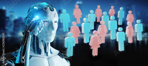 White cyborg controlling group of people 3D rendering