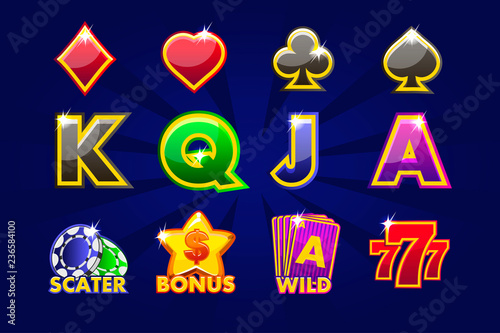Gaming icons of card symbols for slot machines or casino. Game casino, slot, UI