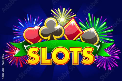 Screen logo Casino slots, banner on blue background with icons, ribbon and fireworks, background game screensaver. Vector illustration