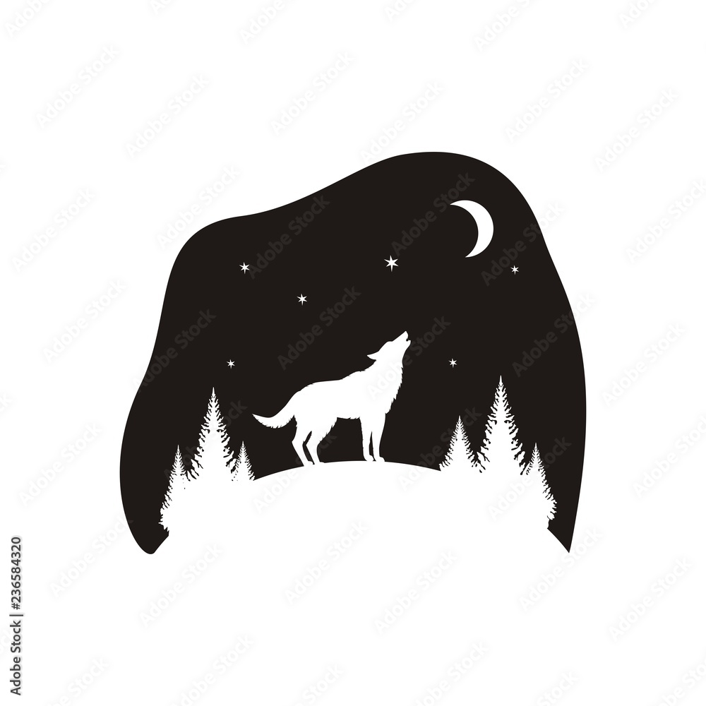 Силуэт волка и леса Иллюстрация Stock | Adobe Stock